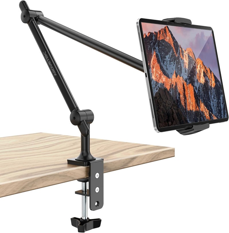 AboveTEK Tablet Stand Holder for Desk & Bed, Aluminum iPad Holder Arm with 360° Rotating Clamp, Adjustable Phone Stand Compatible with 4.7"-13.5" iPad Pro/Air/Mini, iPhone, Galaxy Tab- Black - Image 1